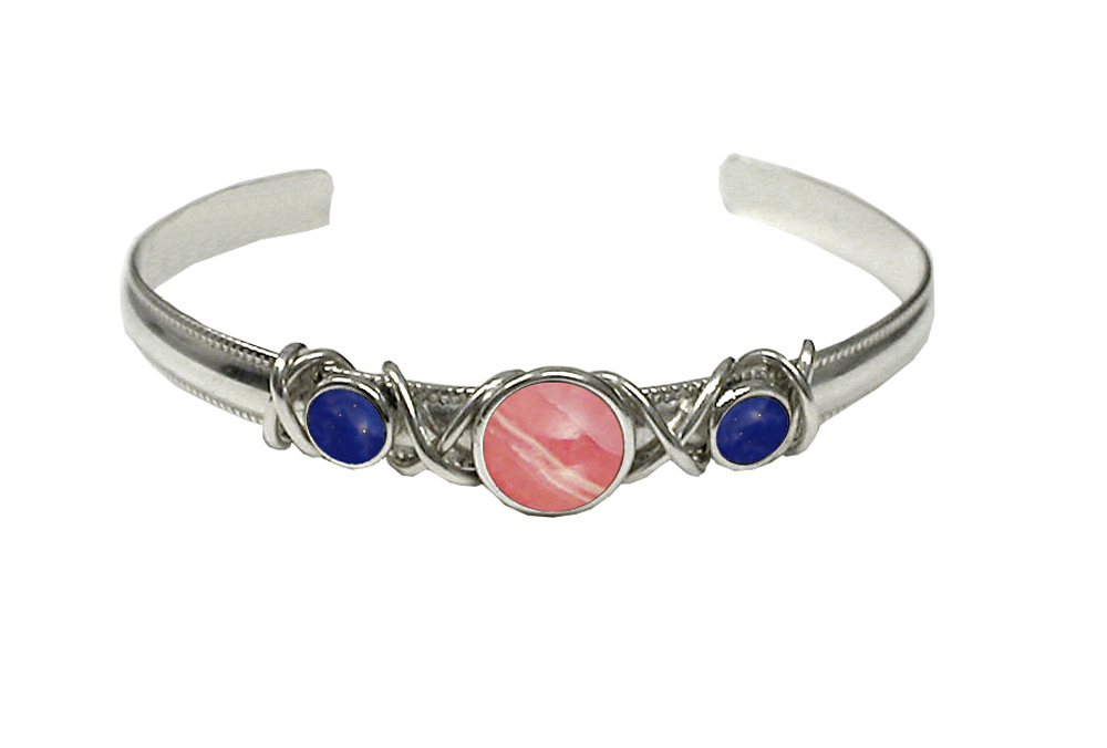 Sterling Silver Hand Made Cuff Bracelet With Rhodocrosite And Lapis Lazuli